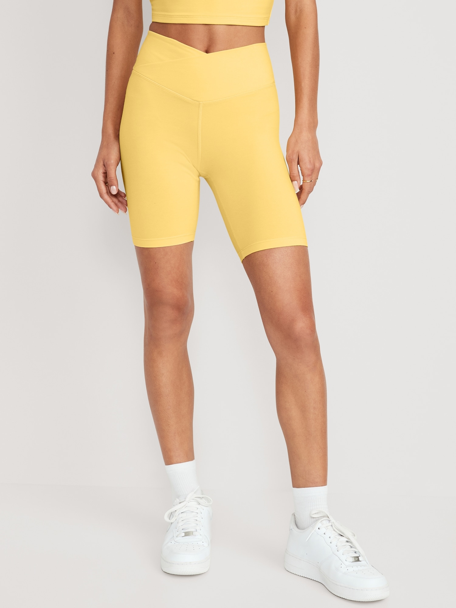 Old Navy Extra High-Waisted PowerChill Crossover Hidden-Pocket Biker Shorts for Women -- 8-inch inseam yellow. 1