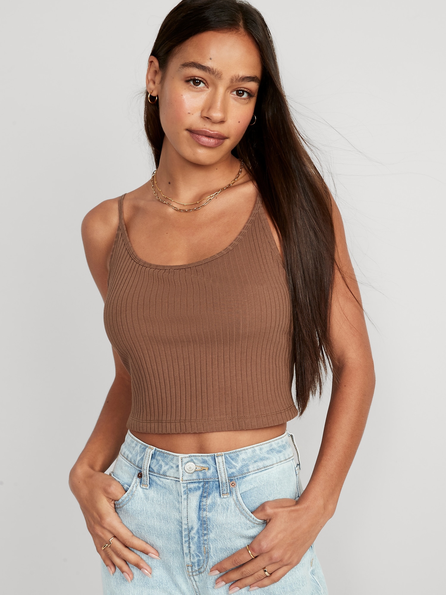 Old Navy Strappy Rib-Knit Cropped Tank Top for Women brown. 1