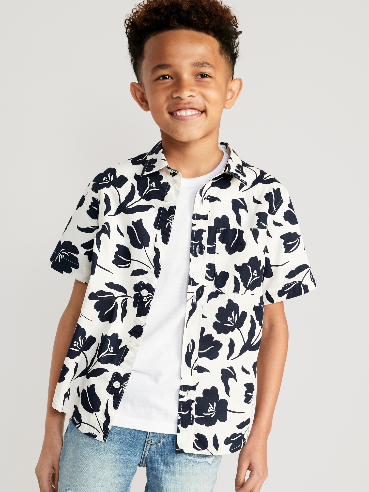 Old Navy Short-Sleeve Printed Poplin Shirt for Boys blue. 1