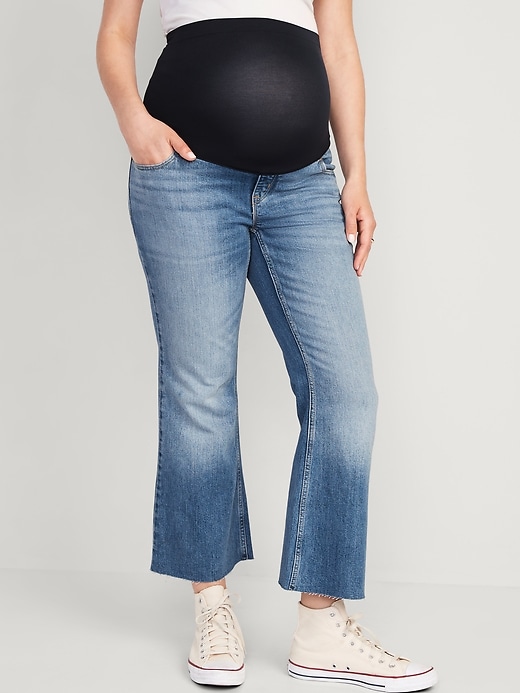 Image number 1 showing, Maternity Full-Panel Cut-Off Cropped Flare Jeans