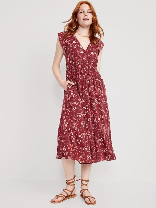 Waist-Defined Flutter-Sleeve Smocked Floral Midi Dress | Old Navy