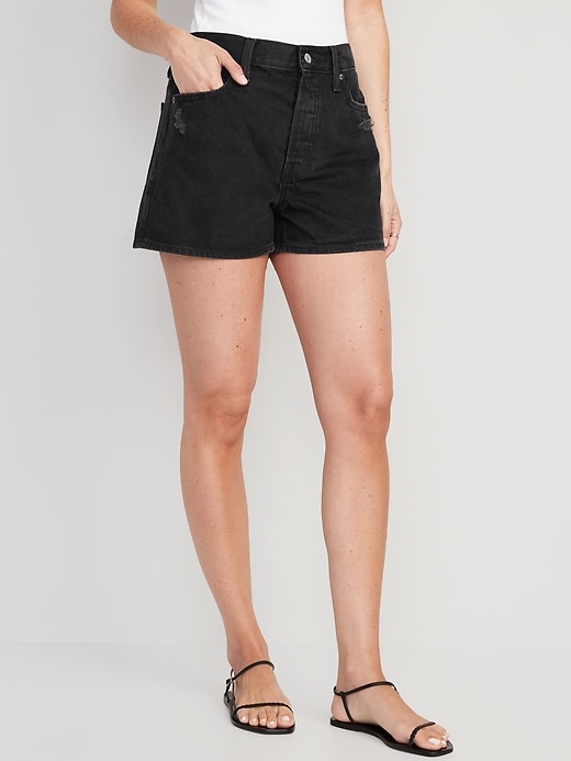 Image number 1 showing, High-Waisted Slouchy Straight Button-Fly Non-Stretch Jean Shorts for Women -- 3-inch inseam