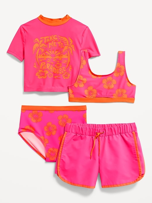 View large product image 1 of 1. 4-Piece Short-Sleeve Rashgaurd and Bikini Swim Set for Girls