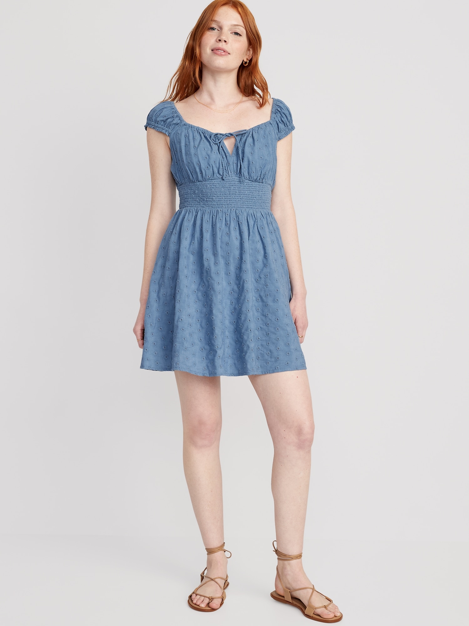 Old Navy Waist-Defined Smocked Mini Dress for Women blue. 1