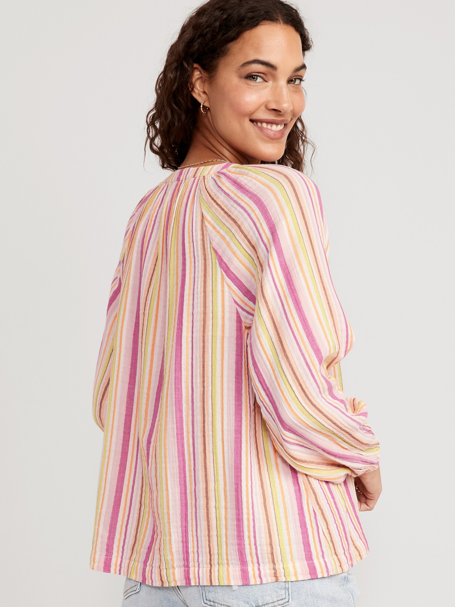 Long-Sleeve Striped Split-Neck Top | Old Navy