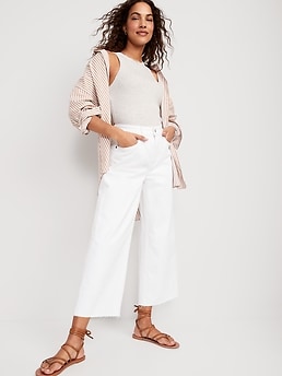 Extra High-Waisted Cropped White Wide-Leg Cut-Off Jeans