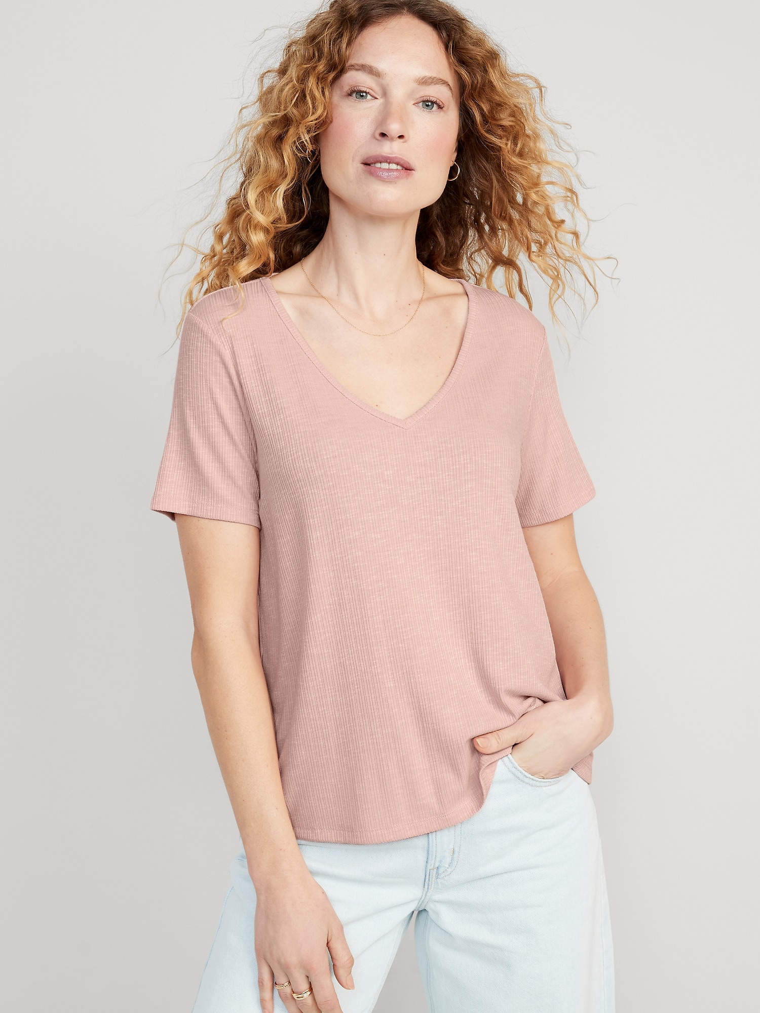 Old Navy Luxe V-Neck Ribbed Slub-Knit T-Shirt for Women pink. 1