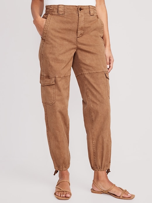 Image number 1 showing, High-Waisted Barrel-Leg Cargo Ankle Pants