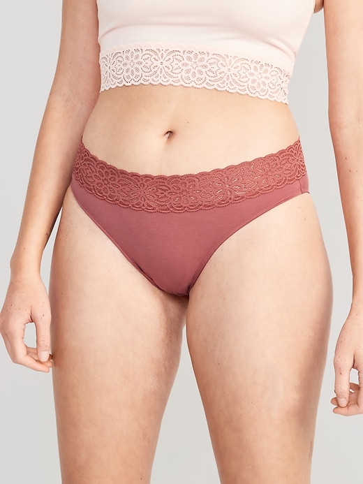 Image number 1 showing, Mid-Rise Supima® Cotton-Blend Lace-Trimmed Bikini Underwear