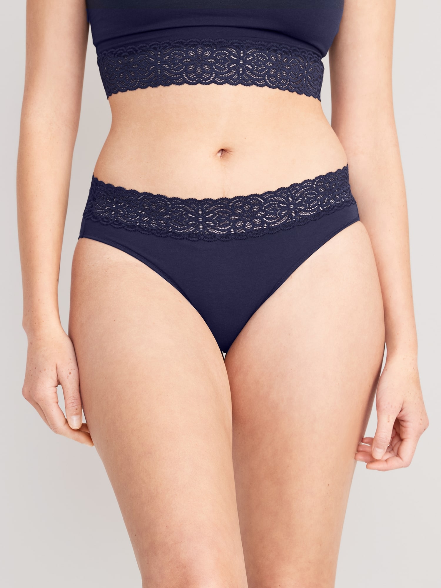 Old Navy Mid-Rise Supima® Cotton-Blend Lace-Trimmed Bikini Underwear for Women blue. 1