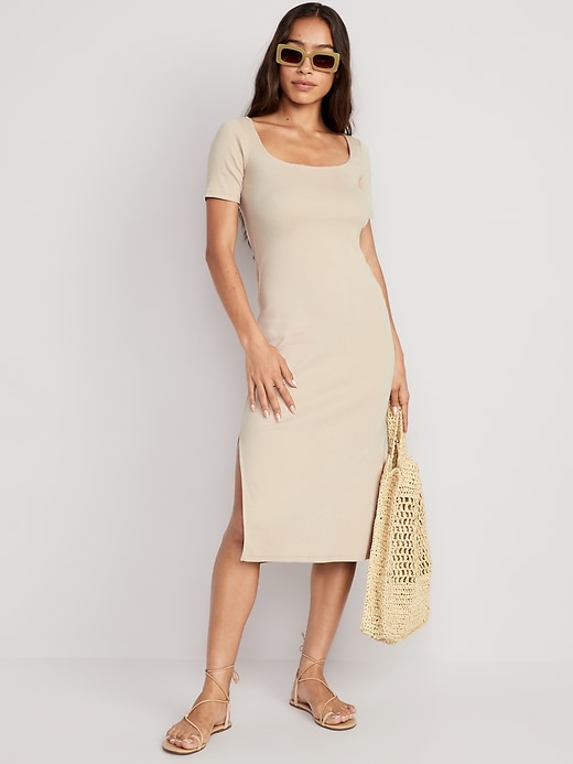 Image number 1 showing, Fitted Rib-Knit Scoop-Neck Midi Dress