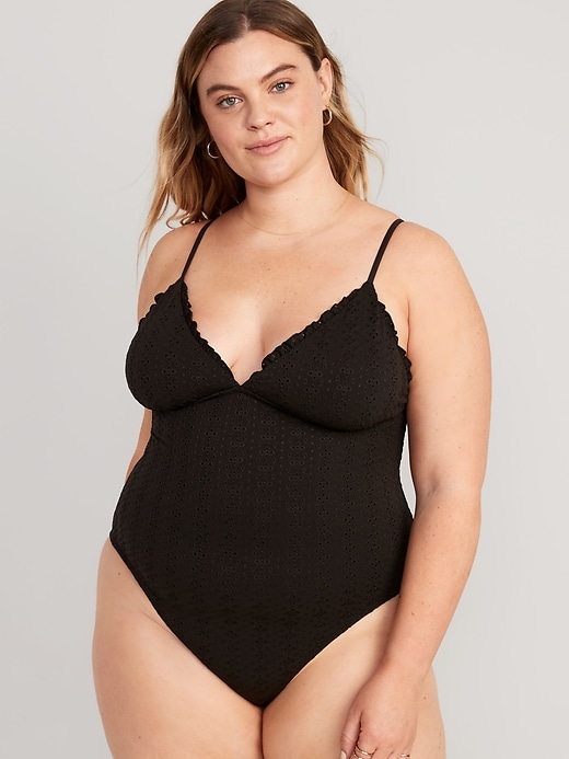 Image number 6 showing, Eyelet-Embroidered V-Neck Ruffle-Trimmed One-Piece Swimsuit