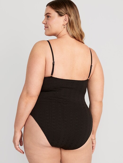 Eyelet-Embroidered V-Neck Ruffle-Trimmed One-Piece Swimsuit