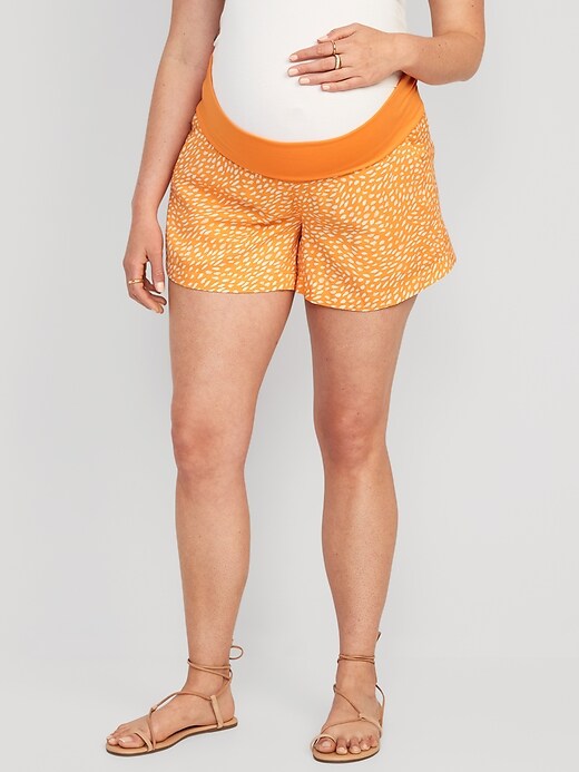 View large product image 1 of 2. Maternity Rollover-Panel Playa Shorts -- 4-inch inseam