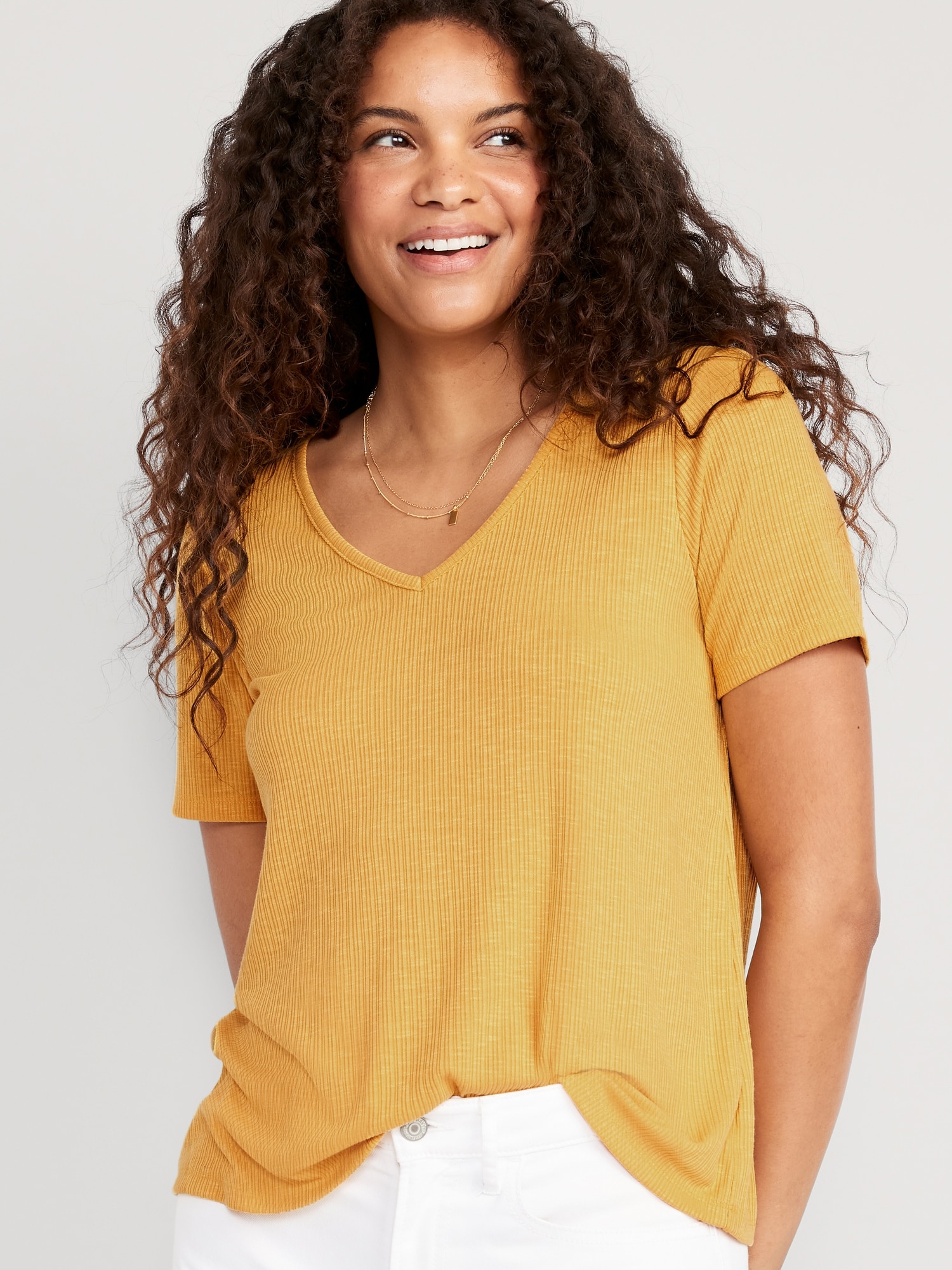 Old Navy Luxe V-Neck Ribbed Slub-Knit T-Shirt for Women yellow. 1