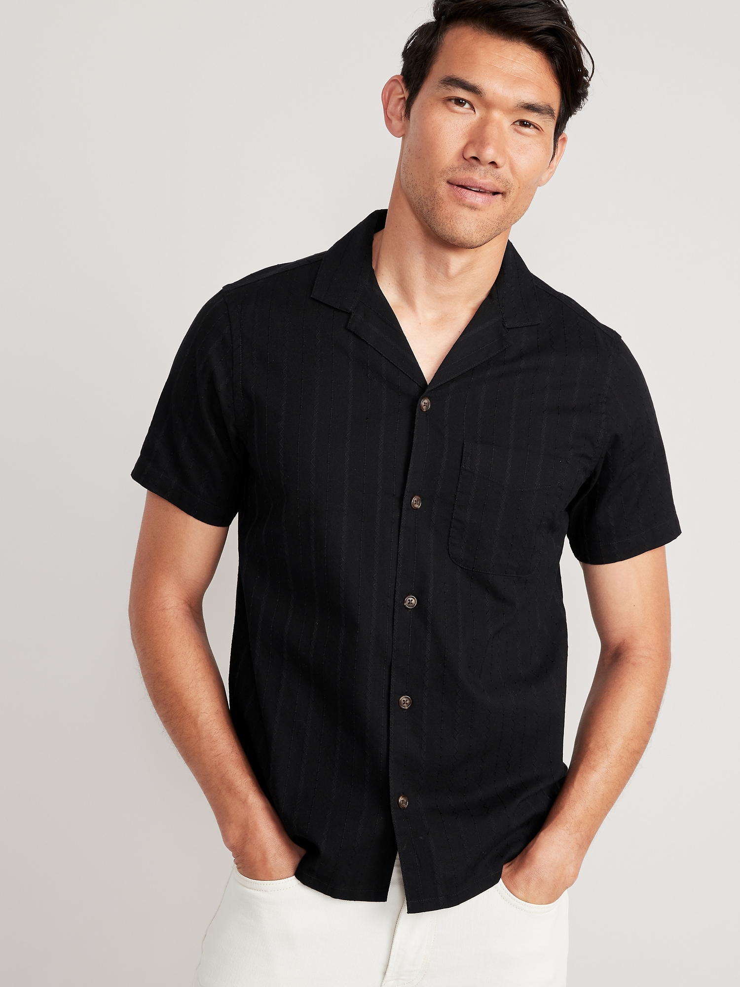 Old Navy Short-Sleeve Textured-Dobby Camp Shirt for Men black. 1