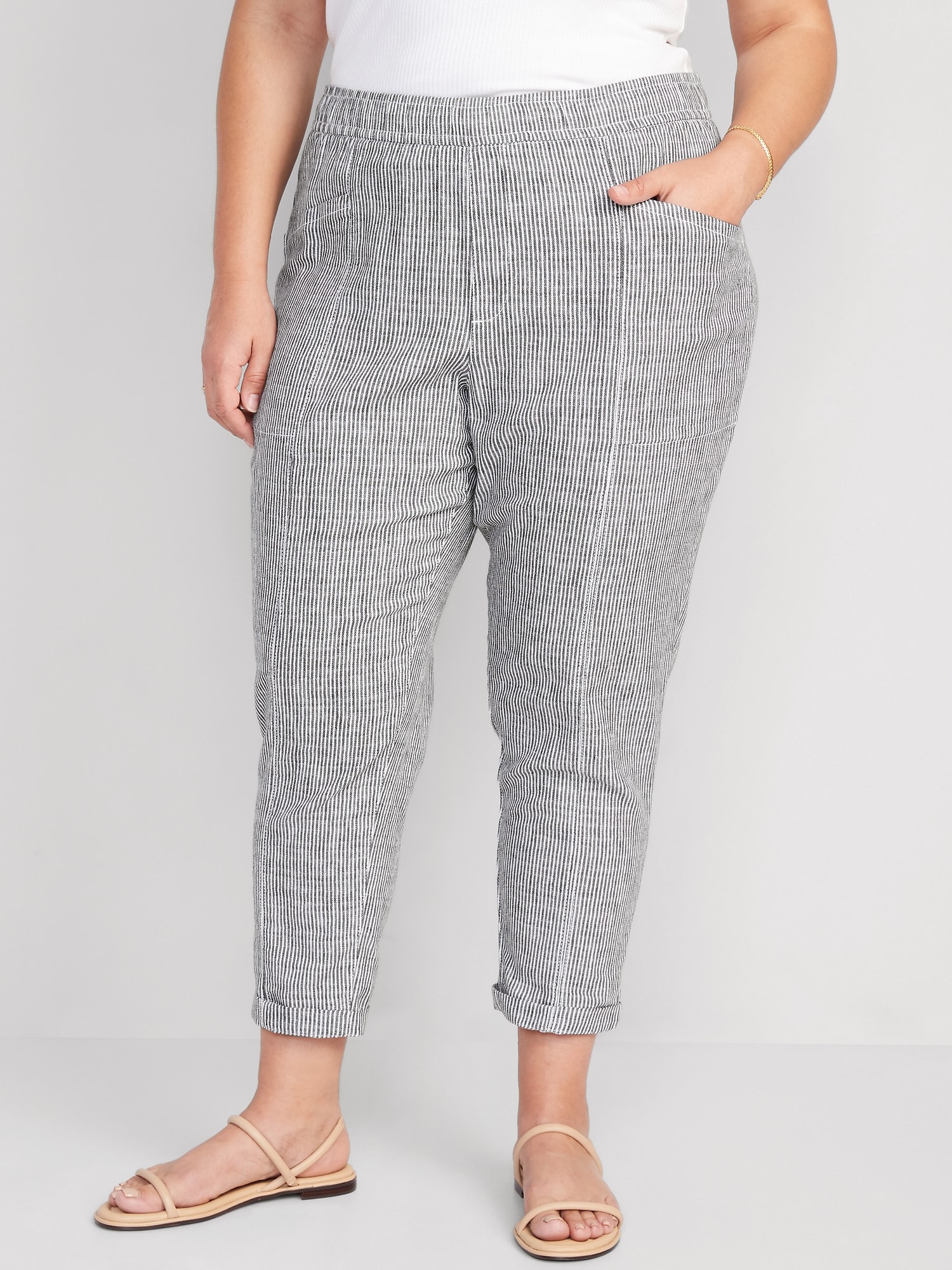High-Waisted Striped Cropped Linen-Blend Tapered Pants | Old Navy