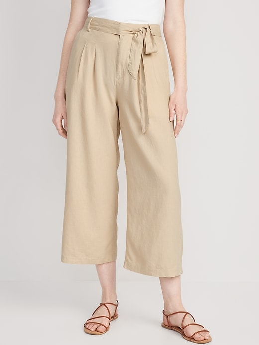 Image number 1 showing, High-Waisted Linen-Blend Cropped Wide-Leg Pants