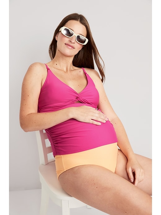 Image number 3 showing, Maternity Matching Twist-Front Cutout Nursing Tankini Swim Top