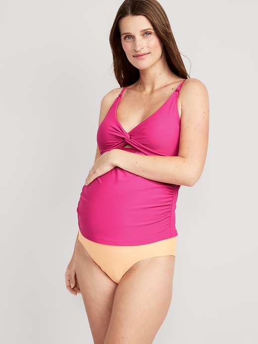 Image number 1 showing, Maternity Matching Twist-Front Cutout Nursing Tankini Swim Top