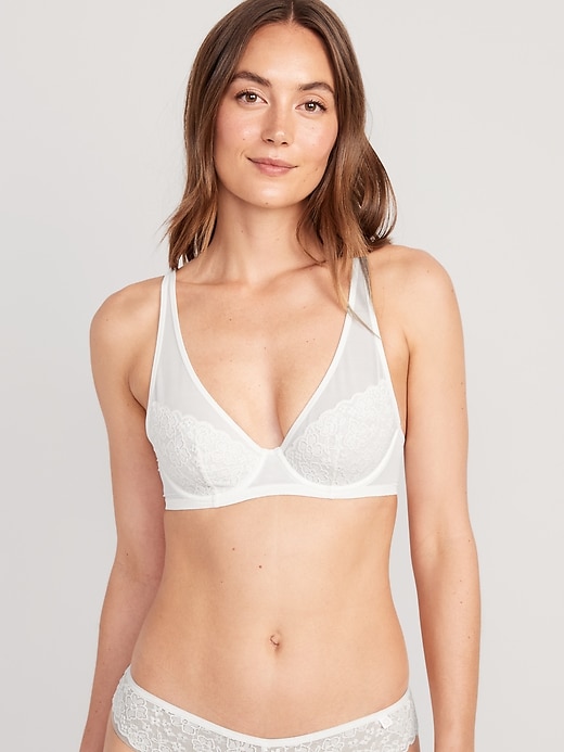 View large product image 1 of 8. Lace-Paneled Mesh Underwire Plunge Bra