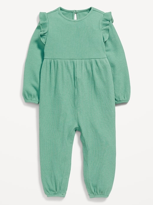 View large product image 1 of 1. Long-Sleeve Rib-Knit Ruffle-Trim Jumpsuit for Baby