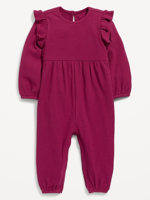 View large product image 1 of 2. Long-Sleeve Rib-Knit Ruffle-Trim Jumpsuit for Baby