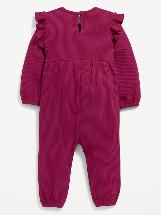 View large product image 2 of 2. Long-Sleeve Rib-Knit Ruffle-Trim Jumpsuit for Baby