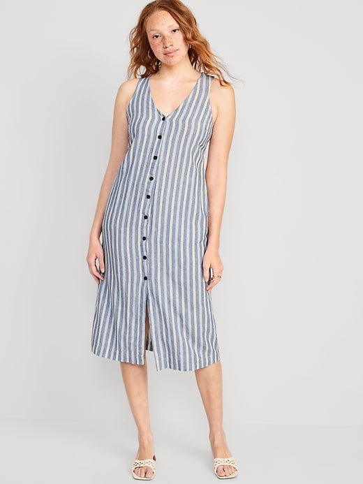Image number 1 showing, Sleeveless Linen-Blend Button-Front Midi Shift Dress