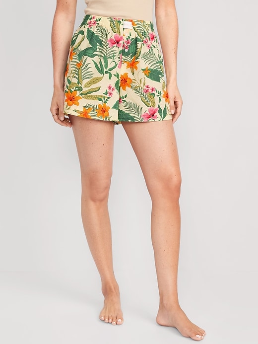 Image number 1 showing, High-Waisted Printed Poplin Pajama Shorts -- 3.5-inch inseam