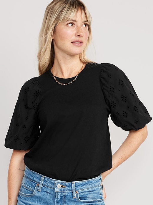 Image number 1 showing, Puff-Sleeve Cutwork Top