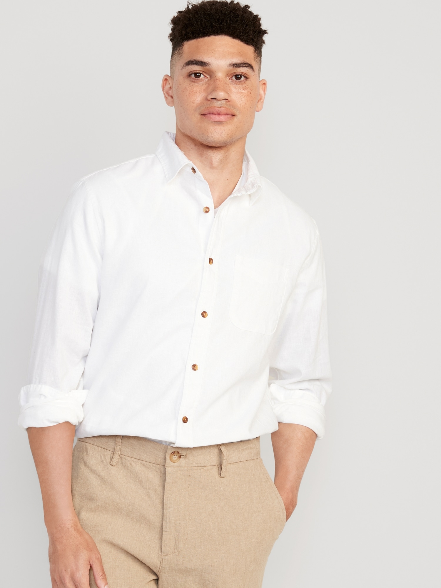 Men's Camp Collar Linen-Blend Shirt, Men's Tops