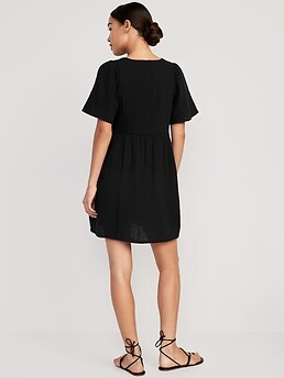 Flutter-Sleeve Textured Mini Swing Dress