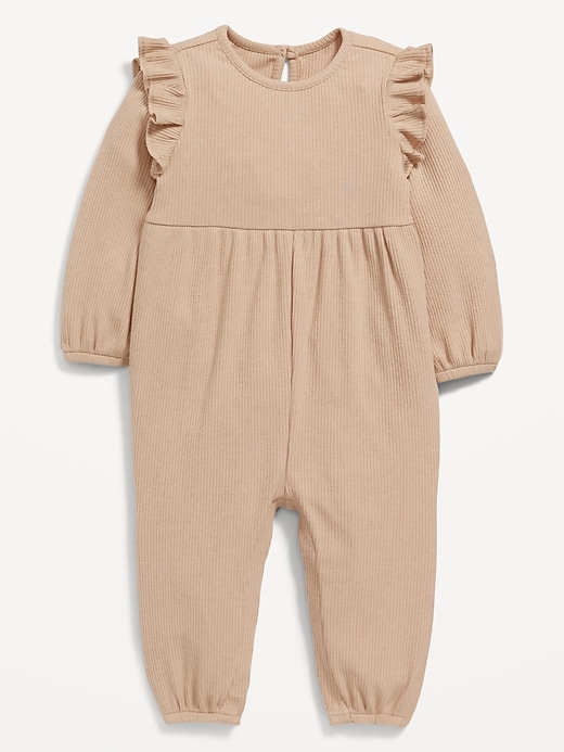 View large product image 1 of 1. Long-Sleeve Rib-Knit Ruffle-Trim Jumpsuit for Baby