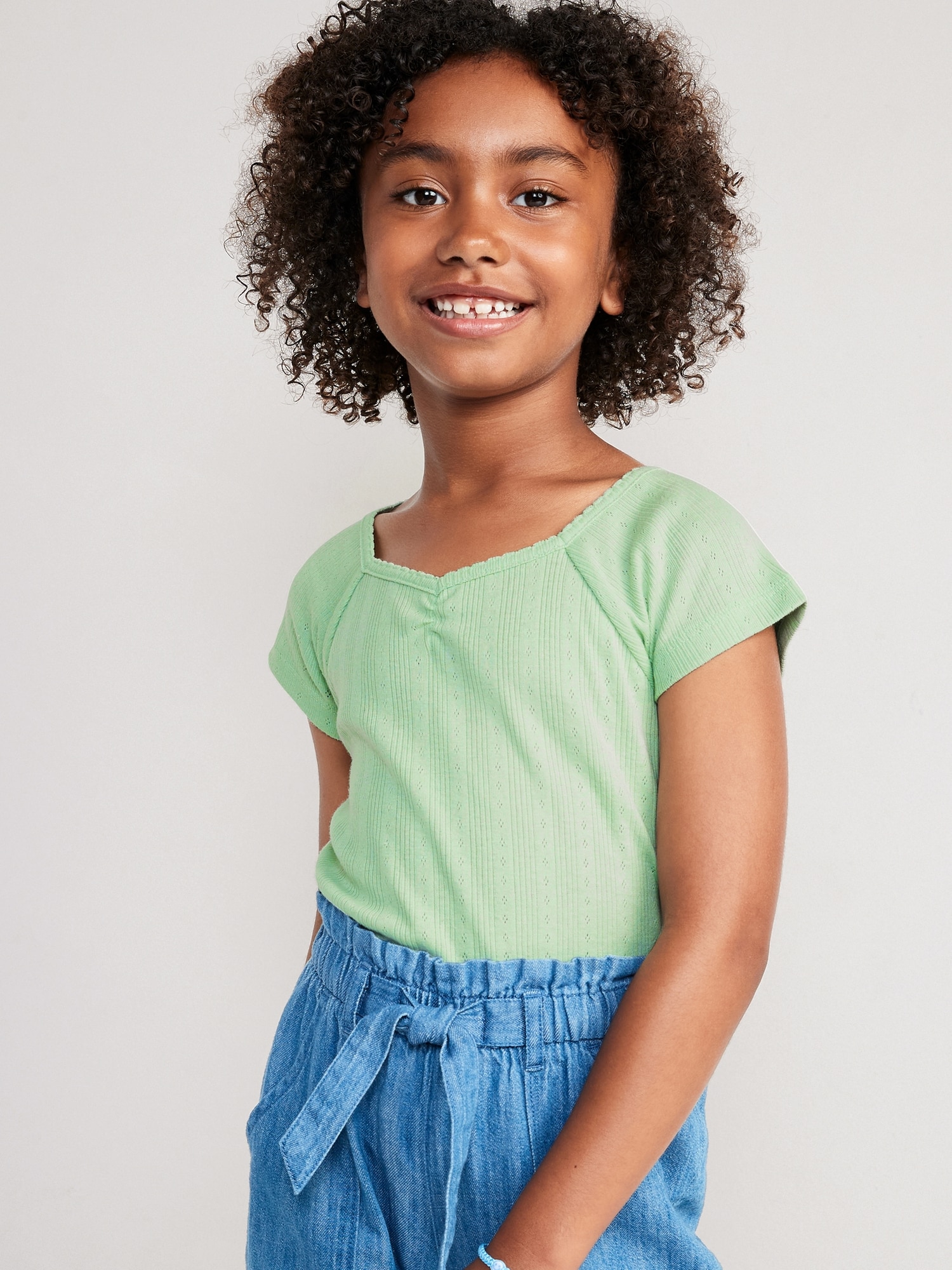 Short-Sleeve Pointelle-Knit Cinched Top for Girls