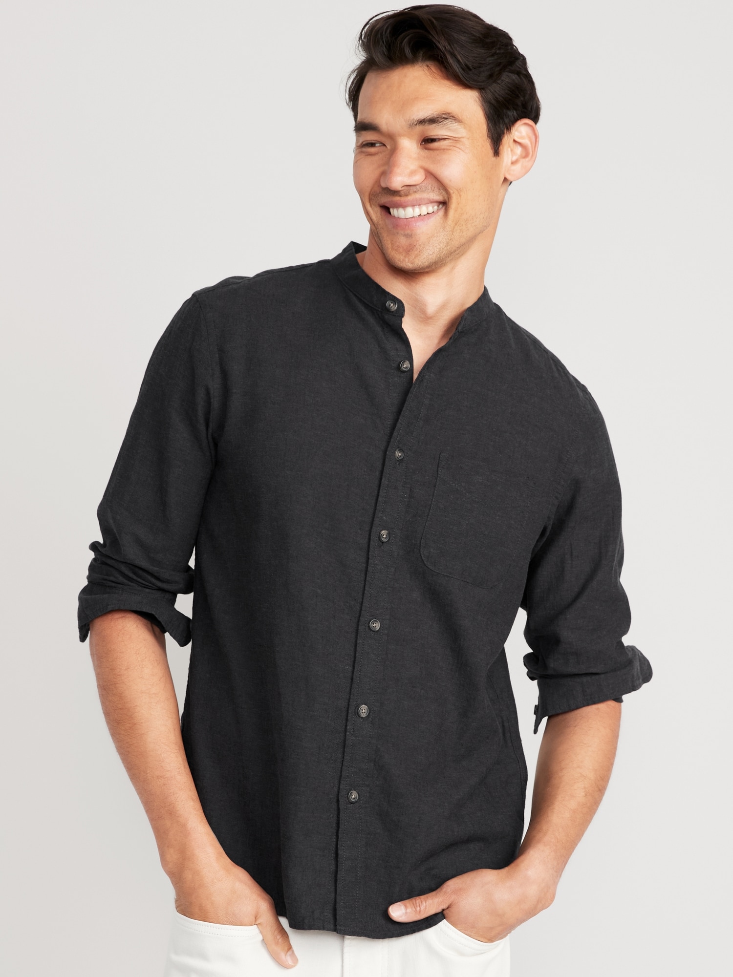 Old Navy Linen-Blend Pocket Shirt for Men black. 1