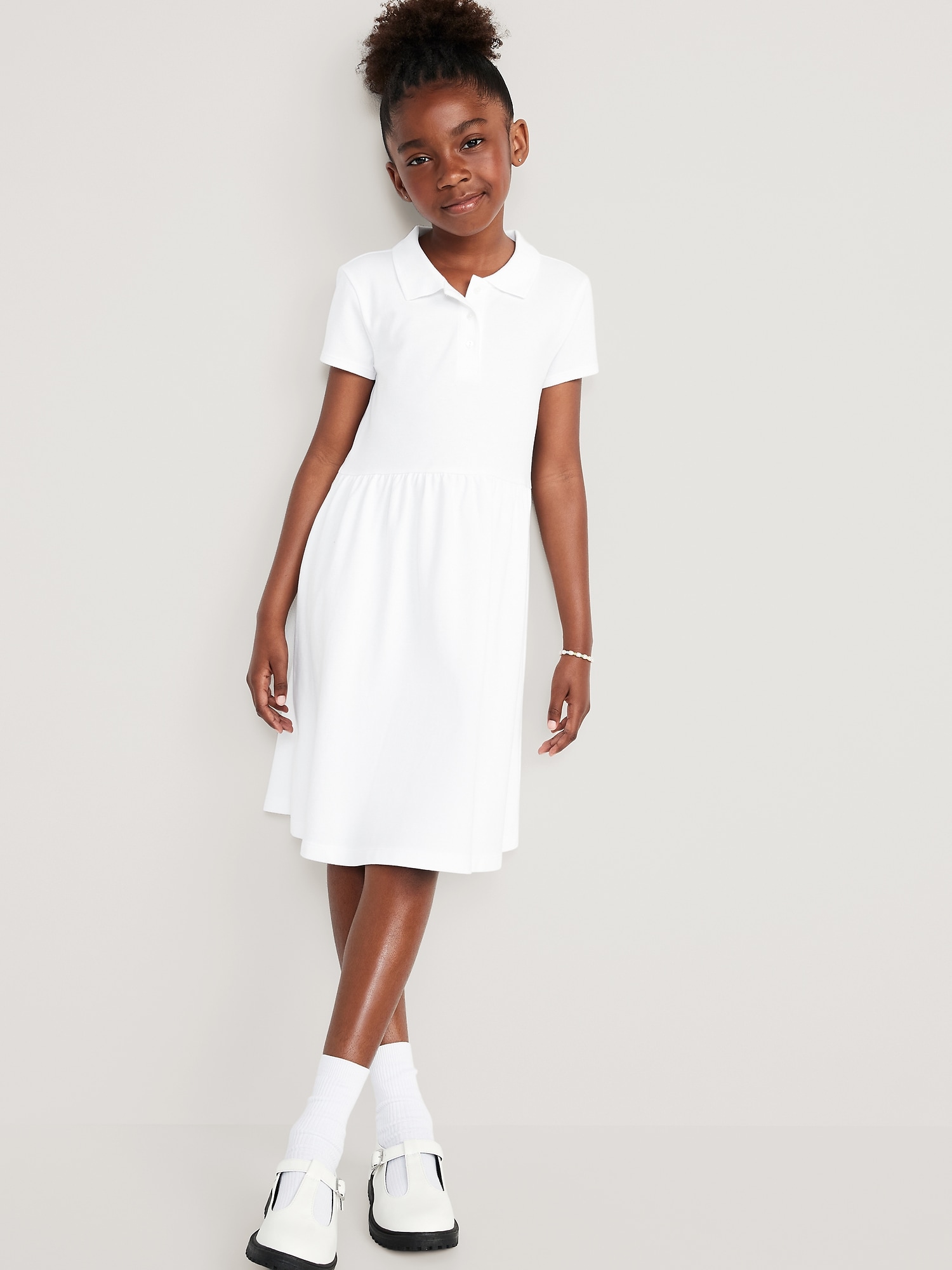 Old Navy School Uniform Fit & Flare Pique Polo Dress for Girls white. 1