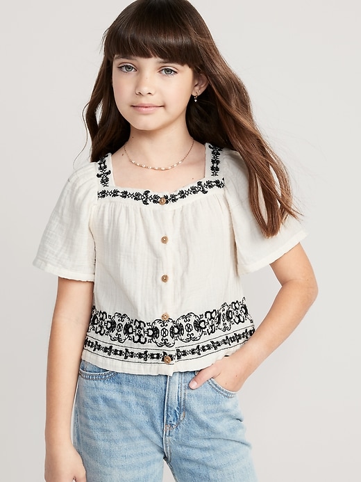 Matching Flutter-Sleeve Button-Front Embroidered-Trim Top for Girls ...