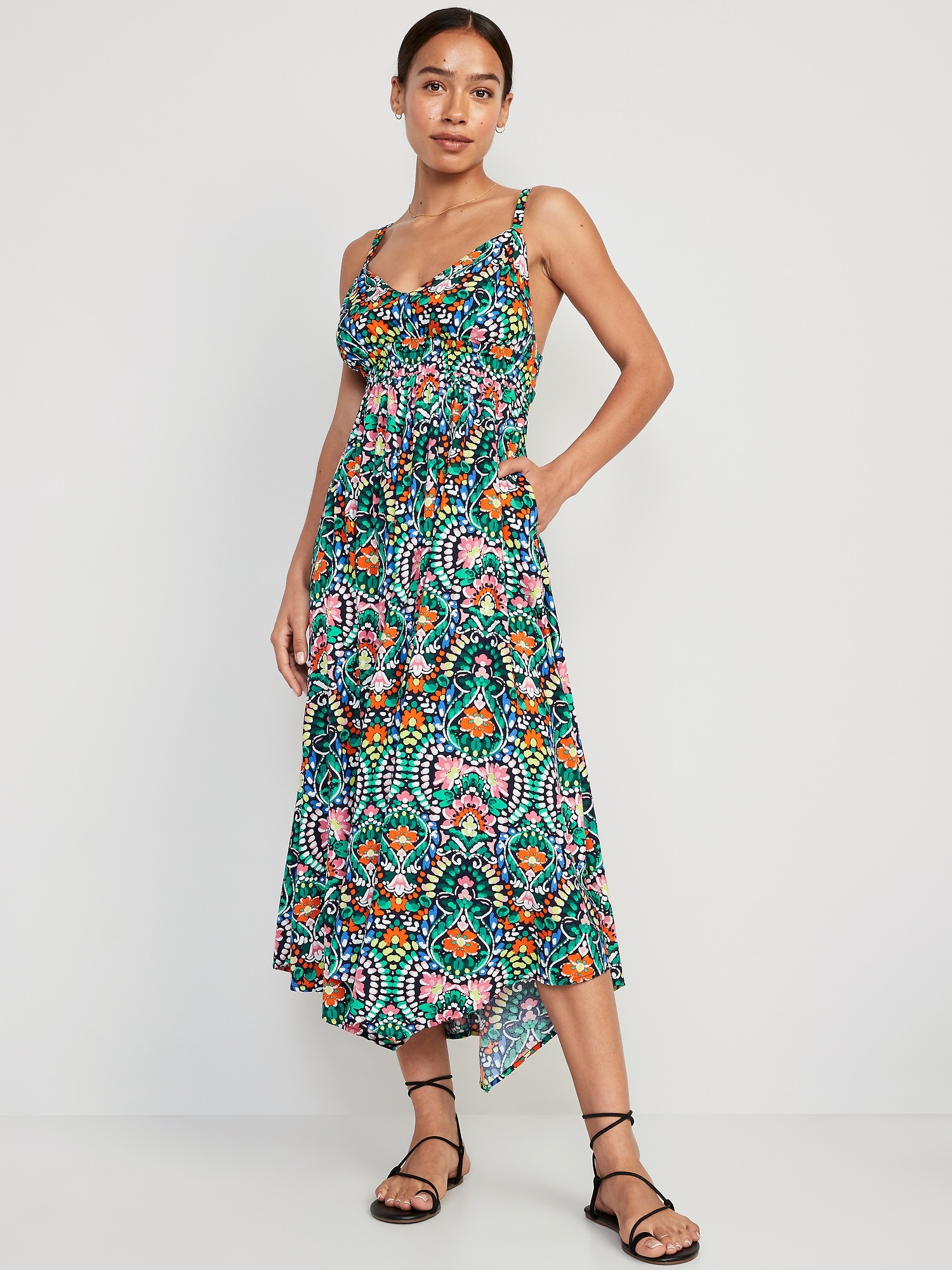 Waist-Defined Sleeveless Matching-Print Maxi Dress