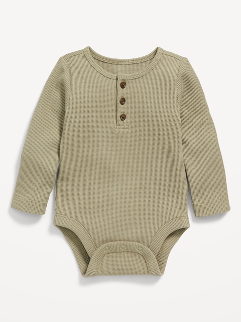 Unisex Long-Sleeve Thermal-Knit Henley Bodysuit for Baby - Birch Leaf