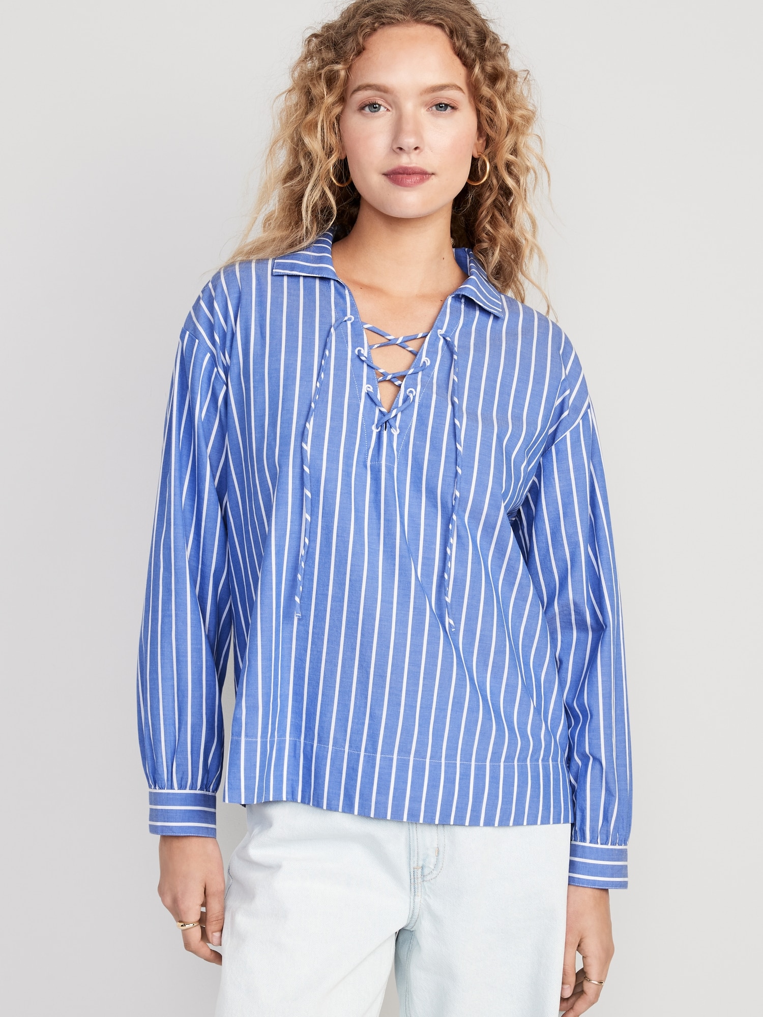 Long-Sleeve Tie-Front Notch Collar Shirt | Old Navy