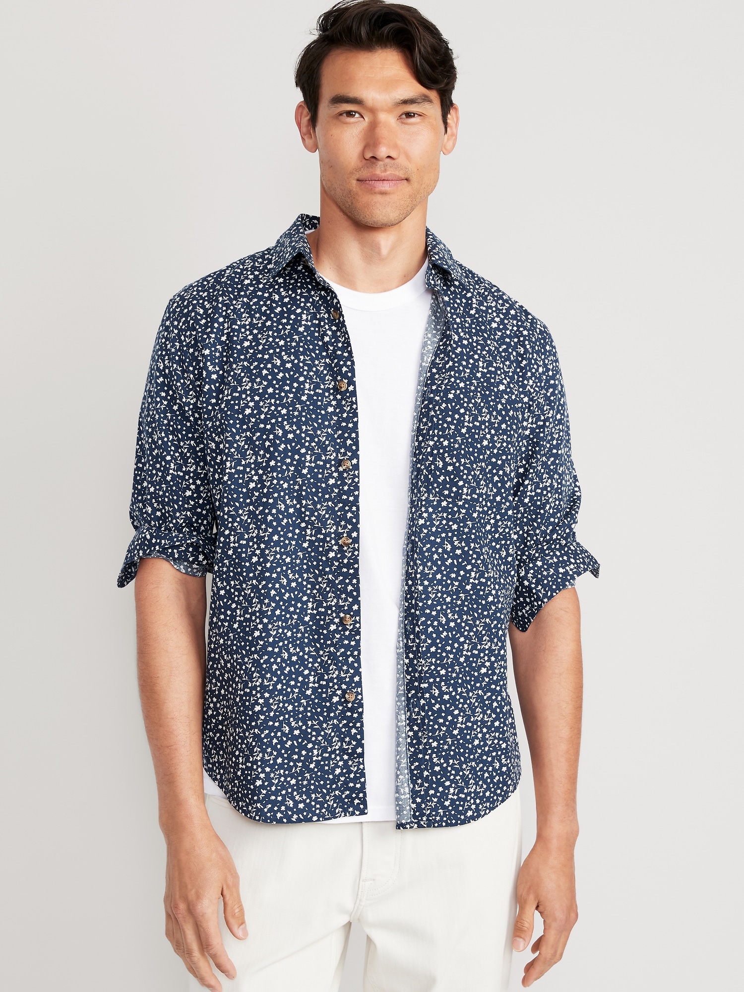 Off-White Linen Floral Print Men's Shirt , Relaxed Fit Floral