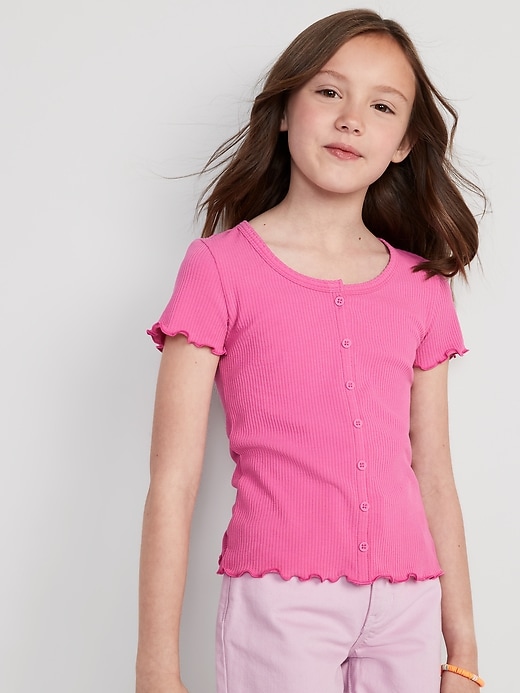 View large product image 1 of 3. Rib-Knit Button-Front Lettuce-Edge Top for Girls