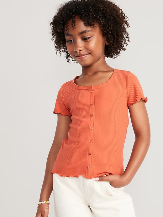 View large product image 1 of 3. Rib-Knit Button-Front Lettuce-Edge Top for Girls