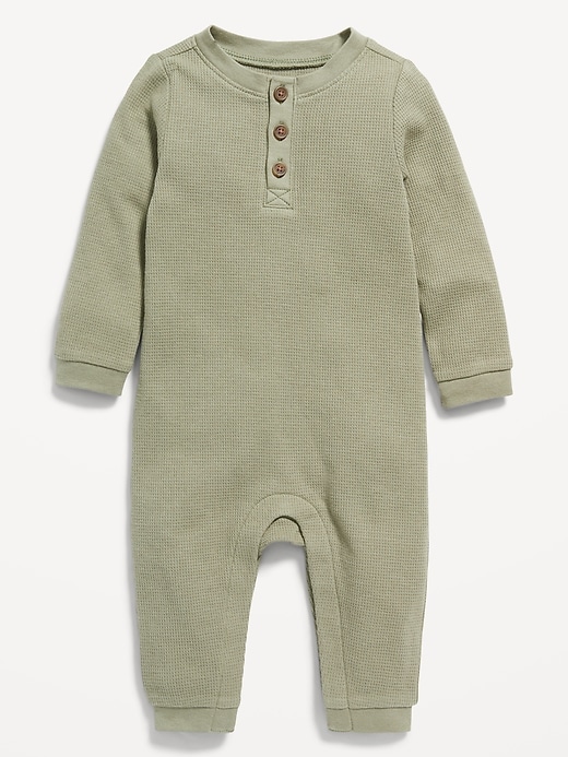 View large product image 1 of 2. Unisex Long-Sleeve Thermal-Knit Henley Bodysuit for Baby
