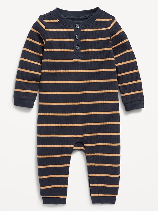 View large product image 1 of 1. Long-Sleeve Striped Thermal-Knit Henley One-Piece for Baby