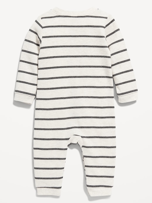 View large product image 2 of 2. Long-Sleeve Striped Thermal-Knit Henley One-Piece for Baby