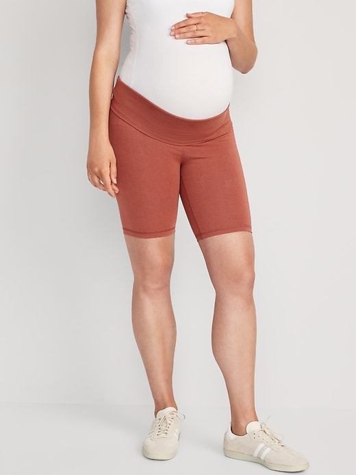 Image number 1 showing, Maternity Rollover-Panel PowerChill Biker Shorts -- 8-inch inseam