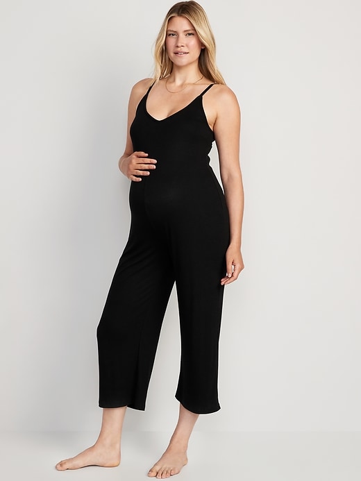 View large product image 1 of 2. Maternity Rib-Knit Cropped Wide-Leg Jumpsuit