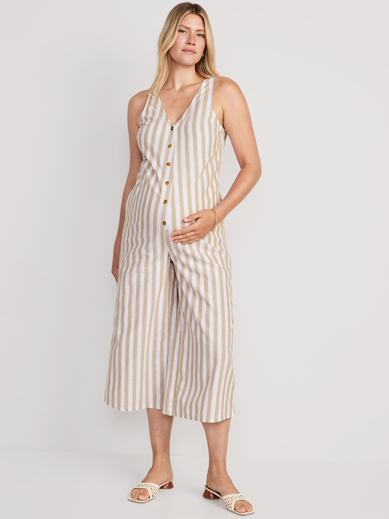 Maternity Sleeveless LinenBlend Cropped Henley Jumpsuit Old Navy